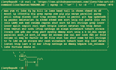 curl -s 'https://raw.githubusercontent.com/jlevy/the-art-of-command-line/master/README.md' | egrep -o '\w+' | tr -d '`' | cowsay -W50