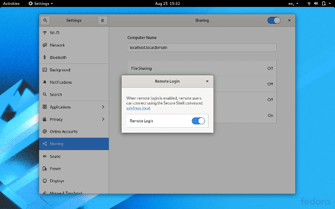 Activate SSH in GNOME System Settings 在 GNOME 系统设置中激活 SSH