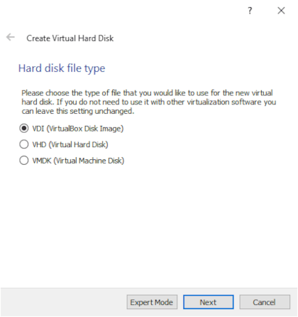 Selecting hard disk file type Selecting hard disk file type